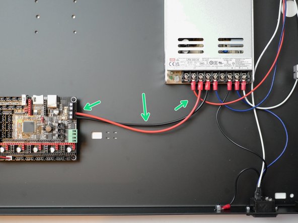On the power supply side, the red cable goes to positive and the black to negative.