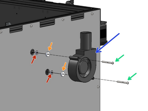 Fix the 9733 part cooling fan to the rear of the frame.