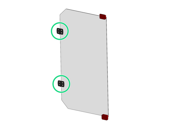 Fix two hinges onto each door panel as shown. The hinges should be installed on the front side of the panel.