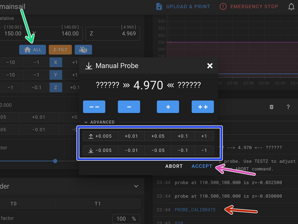 Whilst the bed and first hotend are still hot we can set up the probe offset.