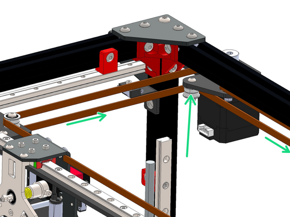 Feed the belt down the long side of the frame and wrap it around the idler on the rear right side motor bracket.