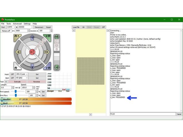 When the metal object is removed, (and the red light now not shining) send the M119 command again. This time it should return as open.