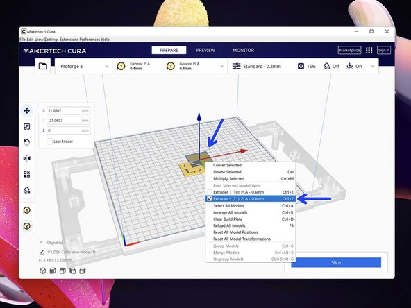 Right click this part of the model and set it to print with Extruder 2 (T1).
