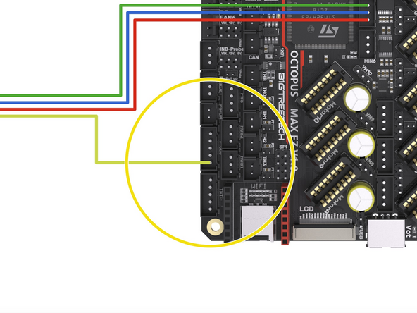 Connect the loose yellow cable from it to the control board as shown. It doesn't have a dedicated position on the control board so we will need to borrow a pin from a header that we are not currently using.