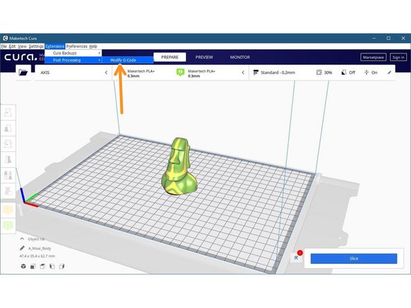 Go to Extension -> Post Processing -> Modify G-Code