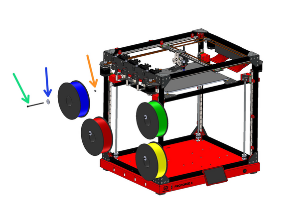 Attach the spool holders to the left side of the frame. The spool holders are made up of the following: