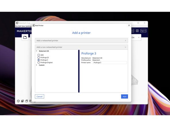 In Cura add the Proforge 3 3D printer.