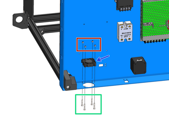 Mount the 40mm fan as shown - orientate the cable so it points to the top of the base.