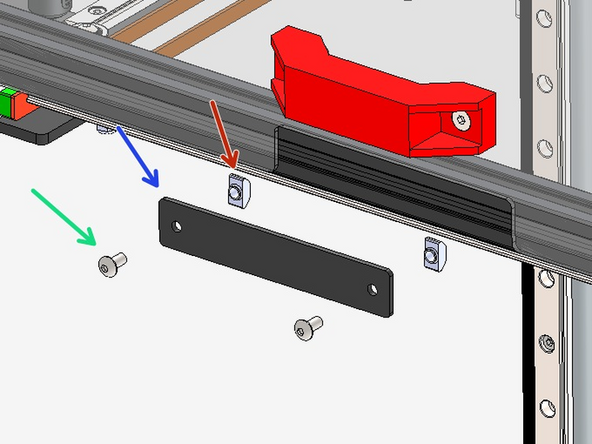 Fix the two door latch brackets onto the front of the frame as shown. Install them onto the centre of the frame.