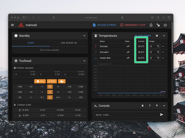 In the mainsail dashboard check that you are receiving the correct temperature readings - i.e. room temperature