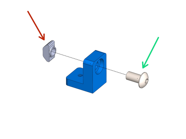 Prepare 4 rail mounts as shown by loosely fastening an M5 T-nut onto the M5 bolt.