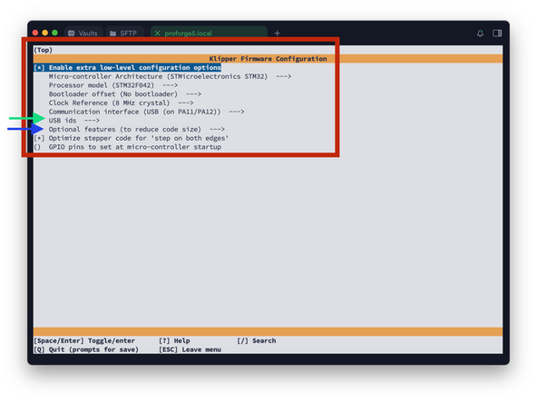 After opening the config menu, use the arrow keys on your keyboard to match the options selected in the image.