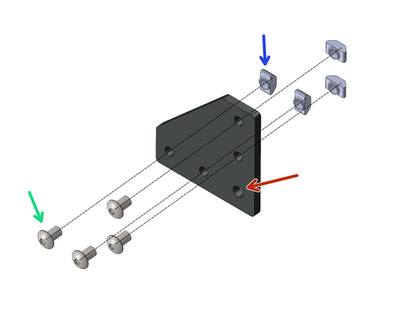 There are three types of L-brackets that look similar. We need to take the two types shown and described below. To these need to be added M5 x 8mm bolts and T-nuts.