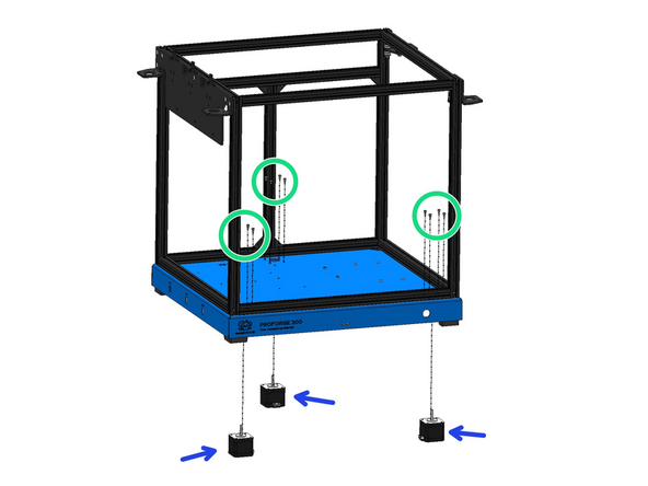 Mount the three NEMA-17 Motors to the base with M3 x 6mm cap head bolts.