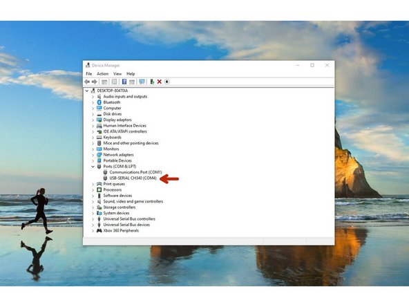 On windows you can open device manager by right clicking the windows icon. The Printer should show up as CH340, note the COM port number. In this case COM4.