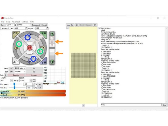 Use the control interface on pronterface to move the printer axes. Make sure to only move 10mm at a time. Because we haven't homed yet there is a potential for a crash so movements need to be small, we are only confirming movement in the correct direction here.