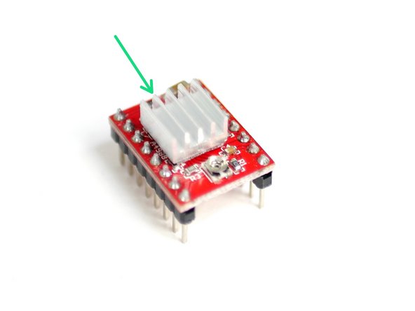 Prepare the A4988 Stepper Driver by sticking the heatsink to the black chip on the driver.