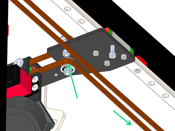 Start by wrapping the belt around the idler on the underside of the gantry bracket.