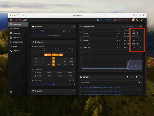 Heat up the print heads and heated bed as shown.