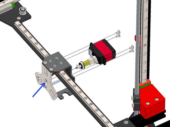 Slide the assembly in through the rear of the carriage bracket and into the hole on the master plate as shown.