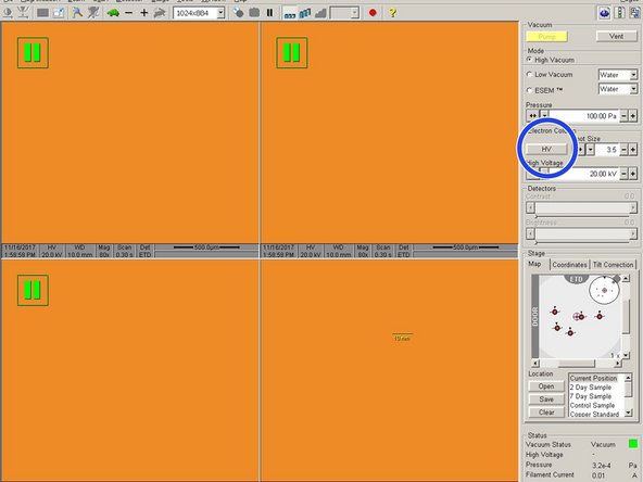 &quot;HV&quot; (High Voltage) button should be grey. If the button is yellow, click it to turn off HV.