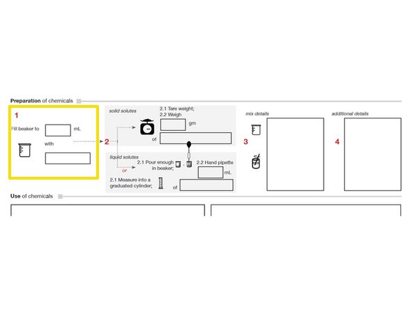 Indicate the volume and type of solvent to place into a beaker (e.g, water).