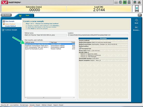 On the next screen, select the &quot;MATE 215 polymer tensile tests&quot; method name