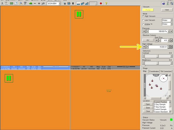 Set the high voltage (&quot;HV&quot;) level to match your application. For general imaging purposes, an HV level of 15 kV is recommended.