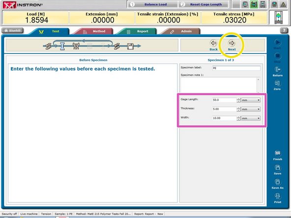 After entering the correct specimen label, input the dimensions of each sample.