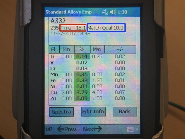 After analysis the composition screen will appear showing the results of the XRF analysis.