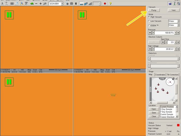 Click Pump to pull a vacuum inside the SEM chamber.