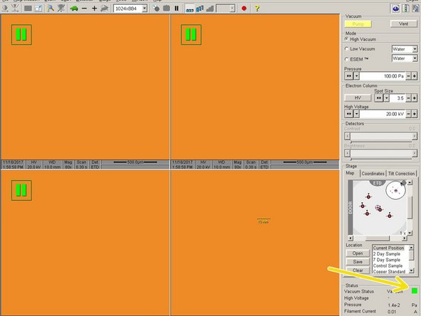 Click Pump to pull a vacuum inside the SEM chamber.