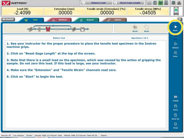 Click the &quot;Start&quot; button to begin the tensile test.