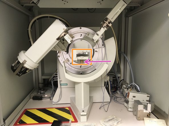 Locate the specimen stage at the center of the XRD goniometer.