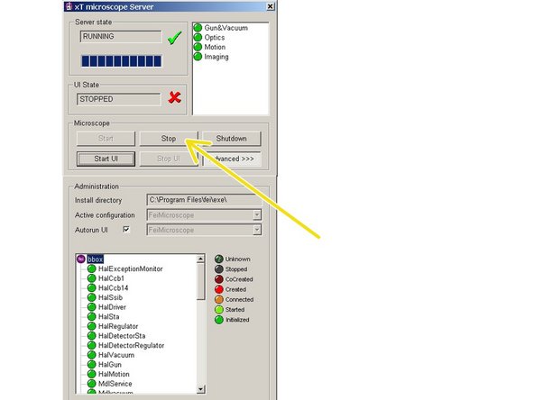 Click &quot;Stop&quot; to turn off the xT Microscope Server. This process may take several minutes to complete.