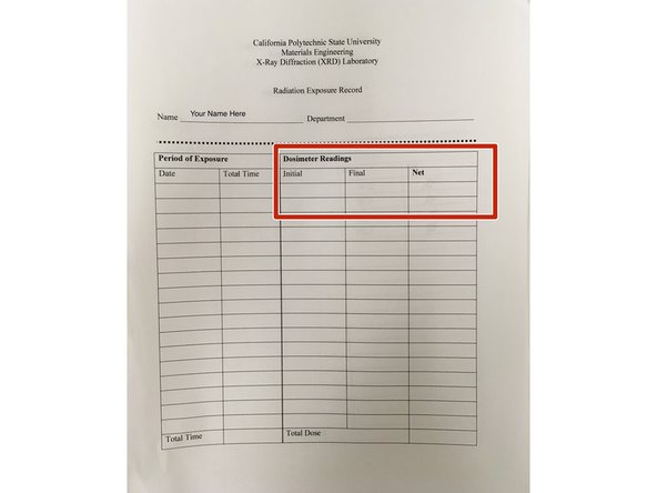 When finished, record your final dosimeter reading in your personal exposure log.