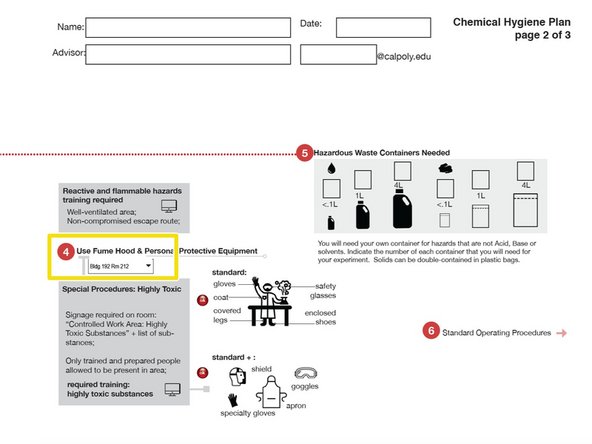 On page 2, indicate which fume hood location you will be using with the pull-down box.