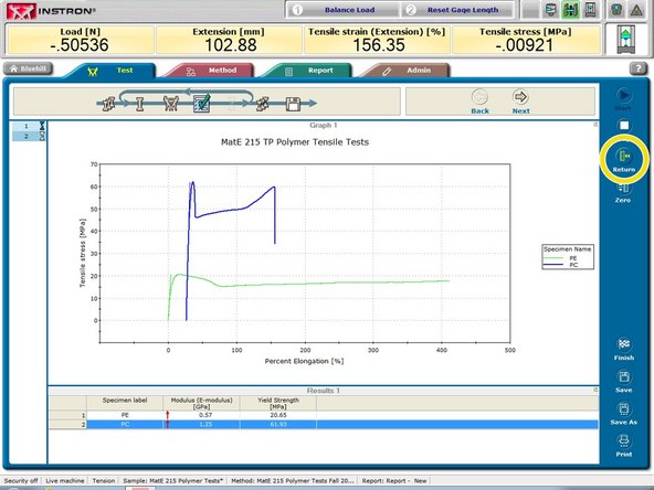 Press the &quot;Return&quot; button to reset the crosshead distance.