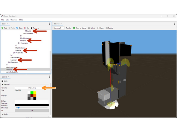 The example file already has some Material settings.  These were meant to paint the Meca500 model, not your new design.  You will need to change these settings for your arm.  Symptoms include incorrect colors or missing parts.