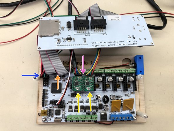 Press the stepper drivers into position.  Note the orientation with the adjustment knob on the south side.