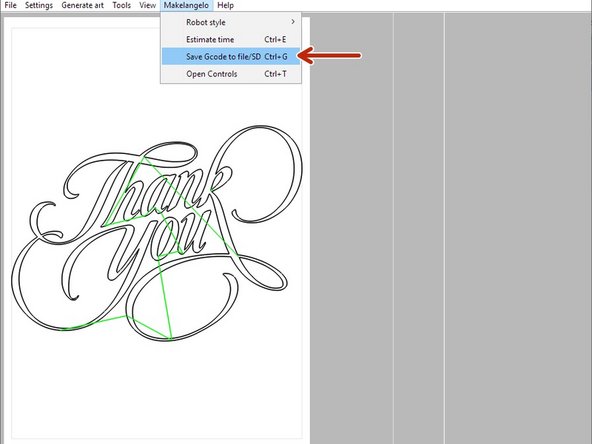 Put the SD card in the computer and click Makelangelo &gt; save to file/SD card.  Follow the steps and save the file to the SD card.