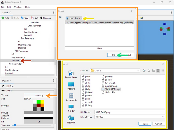 The example file already has some Material settings.  These were meant to paint the Meca500 model, not your new design.  You will need to change these settings for your arm.  Symptoms include incorrect colors or missing parts.