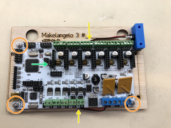 Place the PCB over the screws so that the power wire runs behind the PCB.  Make sure that the wire does not stick out from the edge of the wood where it could get caught and pulled by an outside force