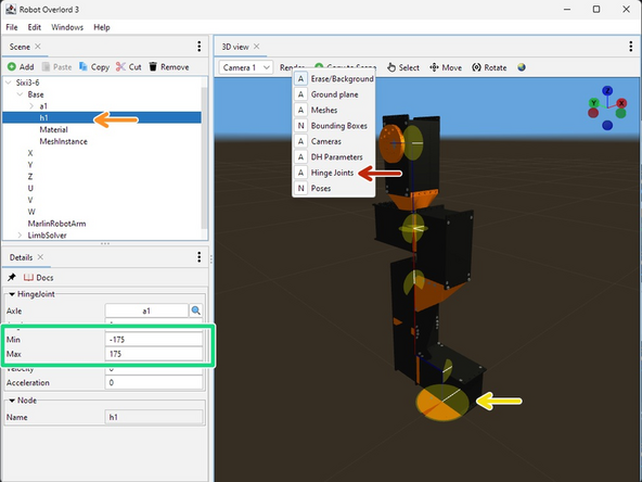 Each rotating part of the robot is a hinge with an axle.  The Hinge limits can be seen by setting 3D View &gt; render &gt; hinges to Always.