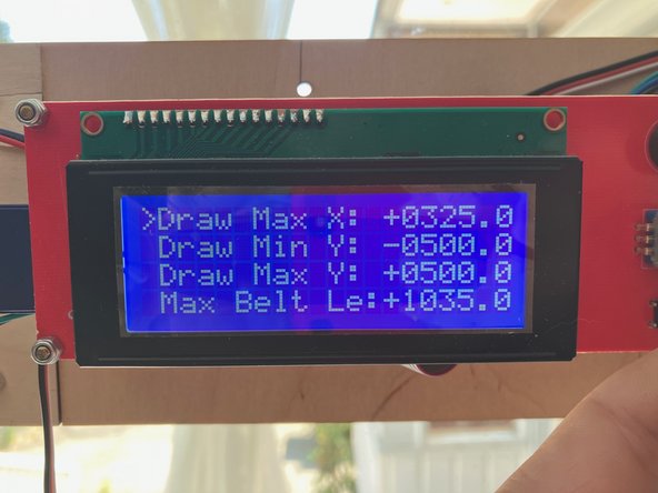 For M5, verify that Draw Min X is -325, Draw MinY is -500, and Belt length is 1035.