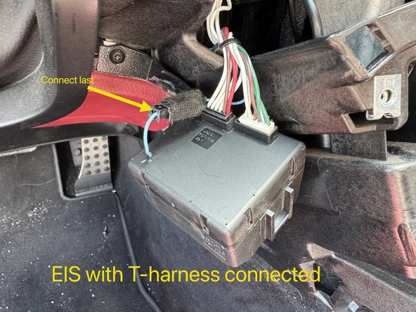 Do not connect blue wire from EIS to T-harness. Doing so before EIS harnessing and SmartKey Starter module are connected could damage EIS. There is a tag on the blue wire of the T-harness that says connect last