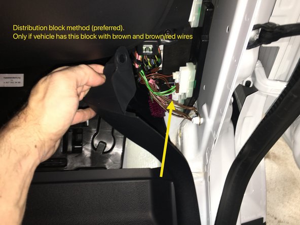 If vehicle has the distribution block with brown and brown/red wires, no soldering is required, simply plug the provided connector into any empty spot in the block with OEM brown and brown/red wires (pictured in step 2)