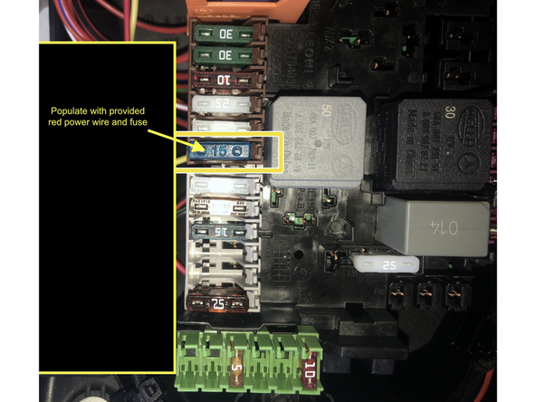 The 907SMRT-V4 harness comes with a red power lead terminating at a fuse holder terminal. This fuse will pin into the fuse box under the passenger floor (under the emergency kit)