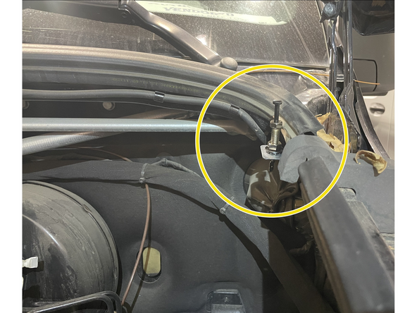 Mount hood pin and bracket under hood in location shown in picture. When hood is opened, the hood pin should be grounded