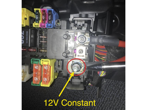 Connect 12V constant power for alarm brain to location pictured at fuse box